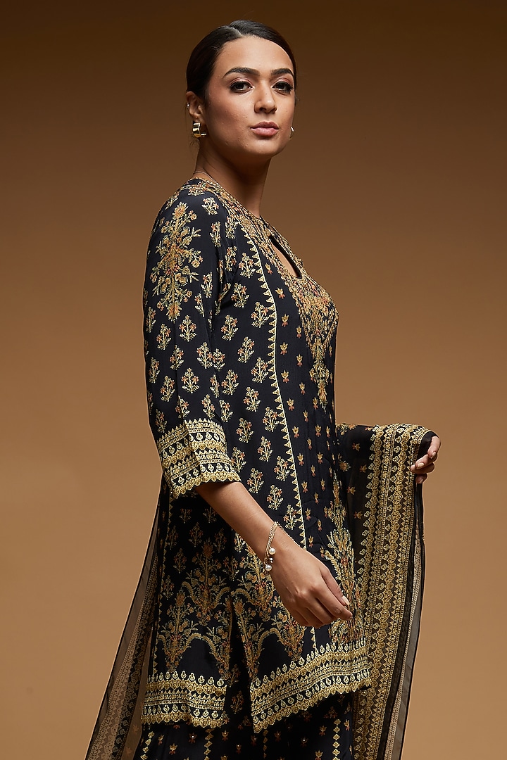 Black Bemberg Crepe Digital Printed Party Wear Sharara Set by NIRRAAMYAA at Pernia's Pop Up Shop