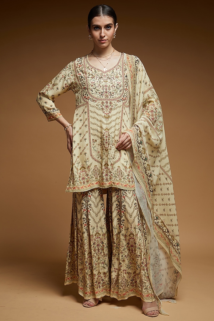 Ivory Bemberg Crepe Digital Printed Sharara Set by NIRRAAMYAA