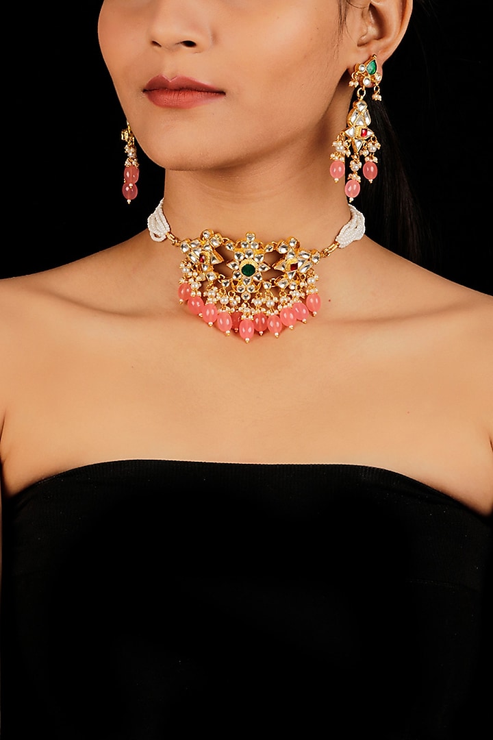 Gold Finish Rose Quartz Necklace Set by Namasya