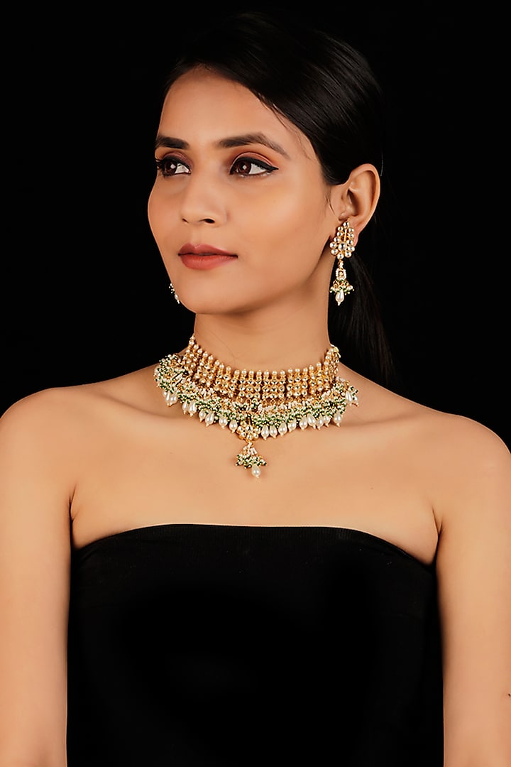 Gold Finish Pearls Necklace Set by Namasya