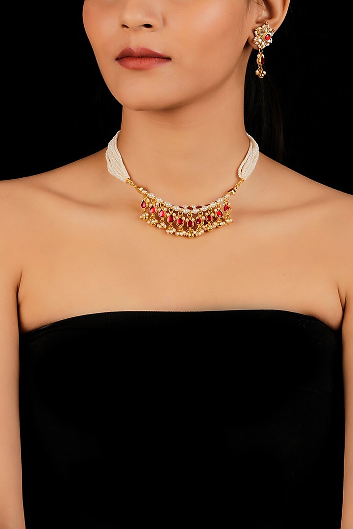 Gold Finsih Pearls & Kundan Necklace Set by Namasya