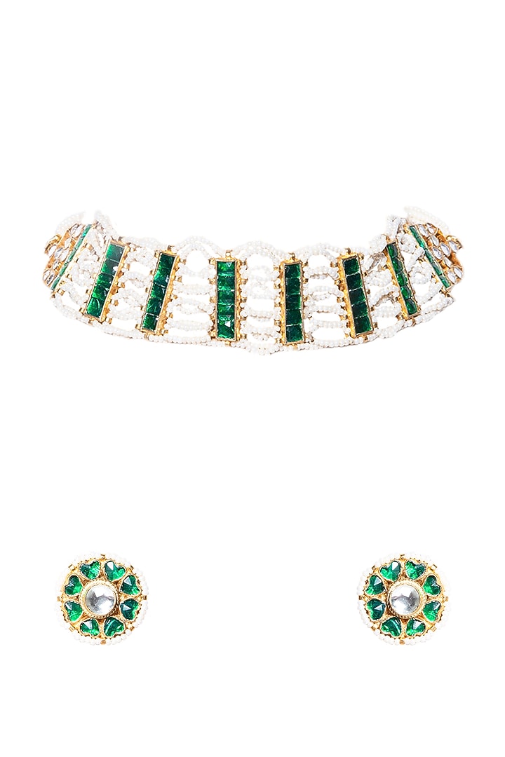 Gold Finish Green Kundan Necklace Set by Namasya at Pernia's Pop Up Shop