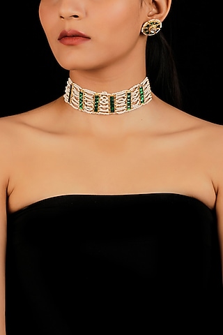 Gold Finish Green Kundan Necklace Set by Namasya