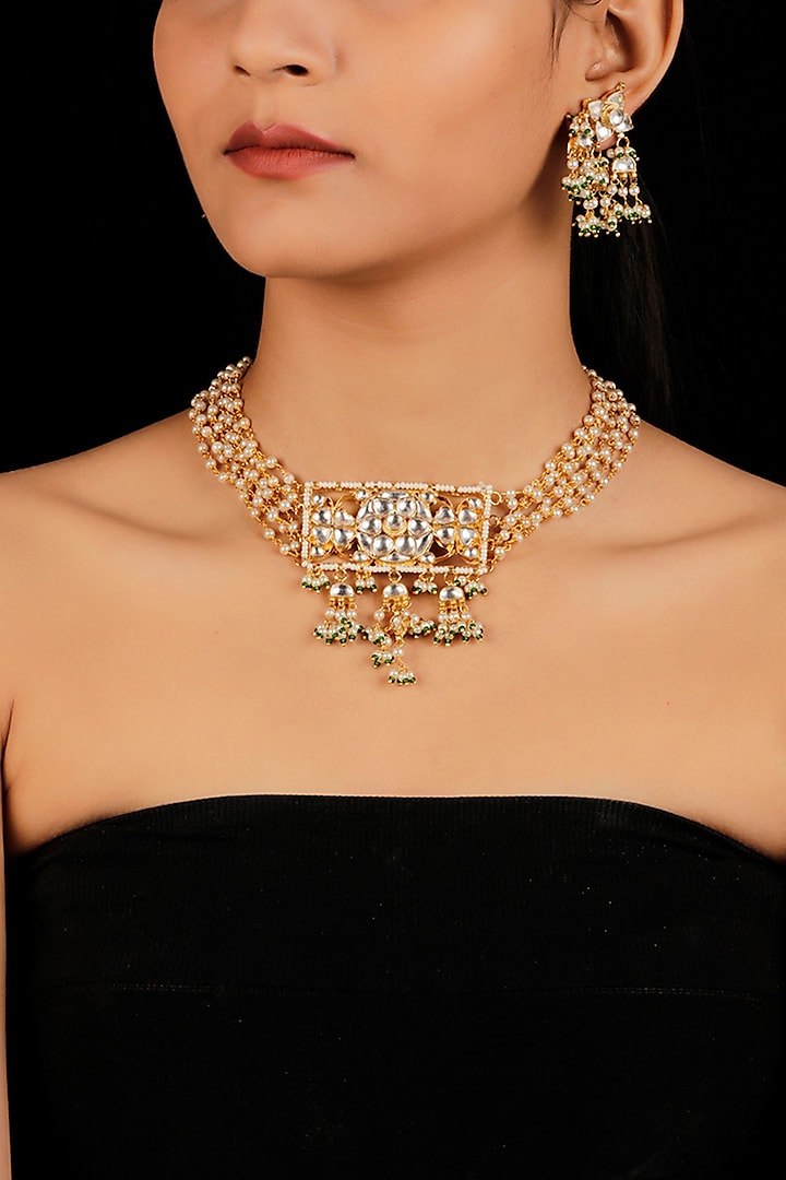 Gold Finish Pearls Choker Necklace Set by Namasya