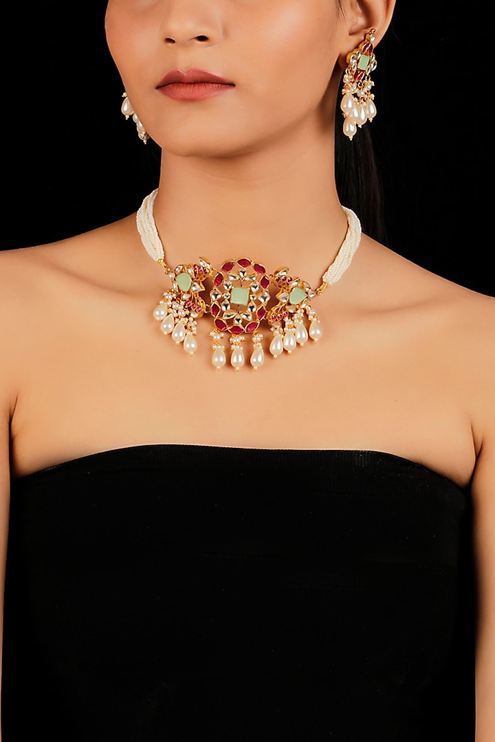 Gold Finish Pearl Drops Necklace Set by Namasya