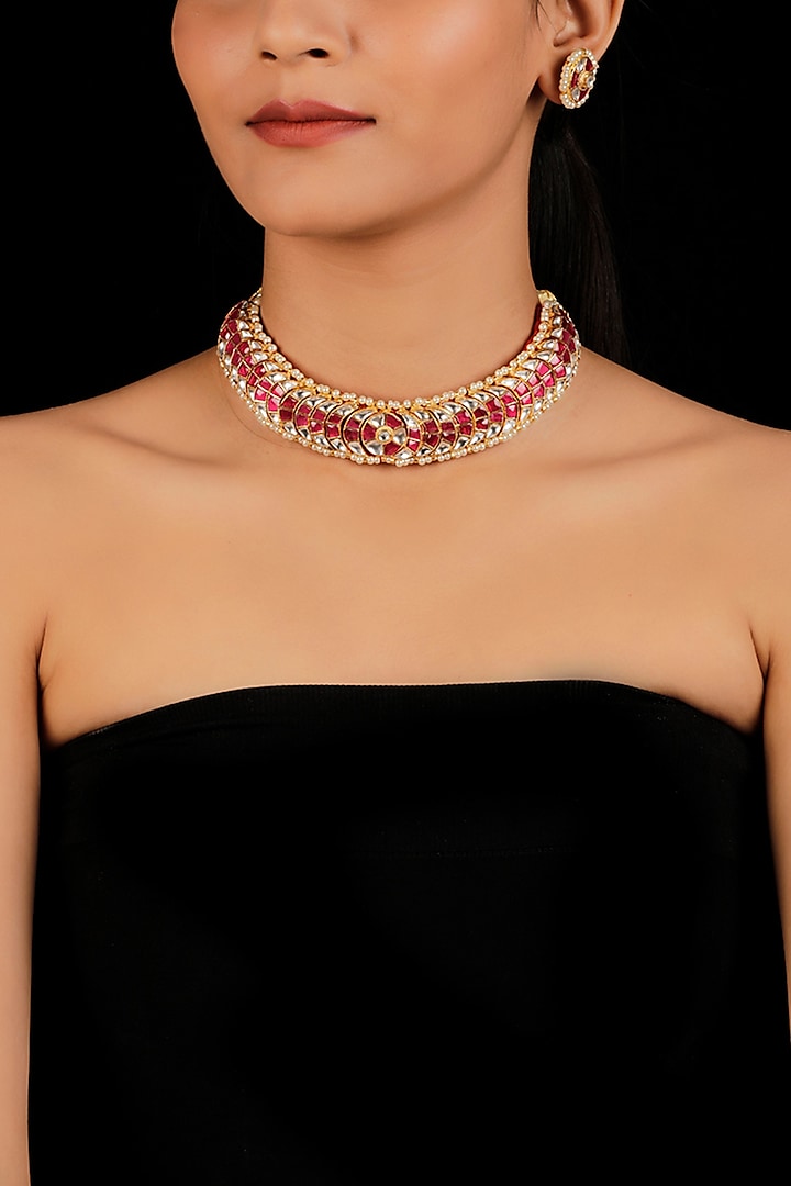 Gold Finish White Kundan Necklace Set by Namasya