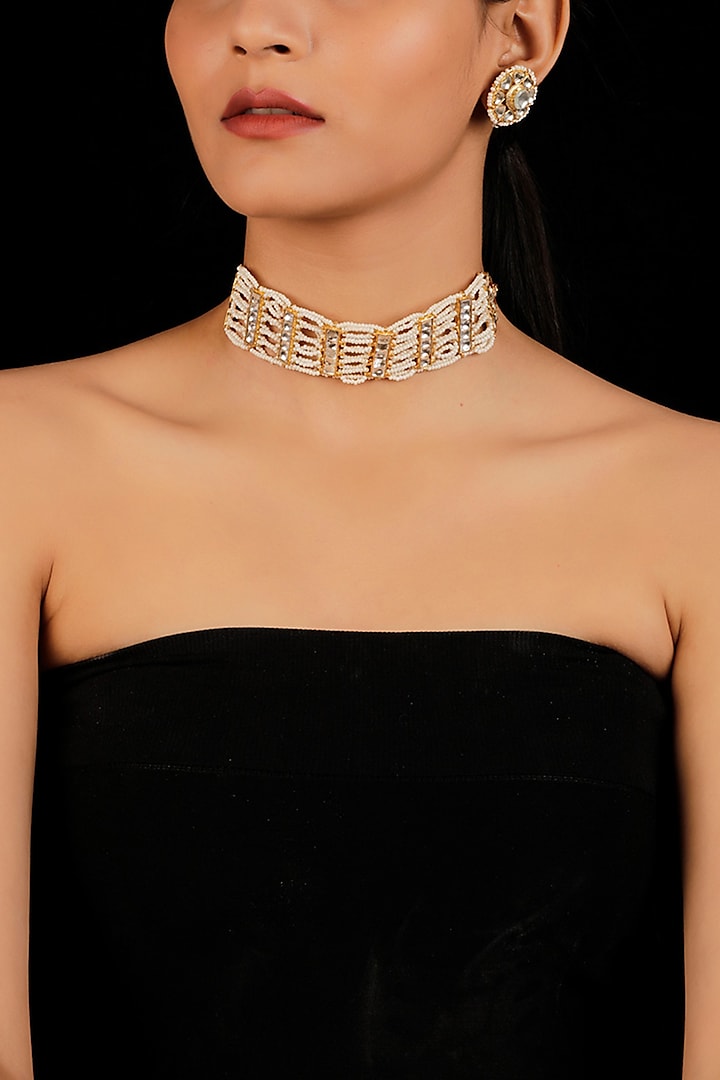 Gold Finish Pearls Necklace Set by Namasya