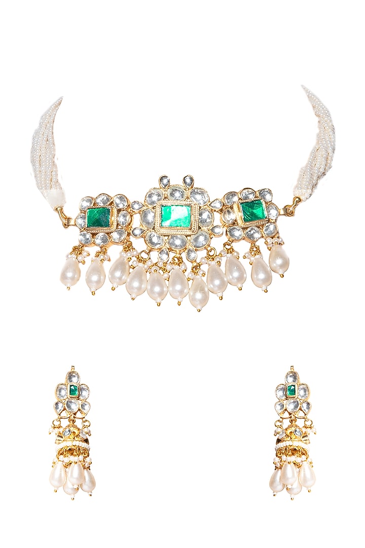 Gold Finish Pearl Drops Choker Necklace Set by Namasya at Pernia's Pop Up Shop