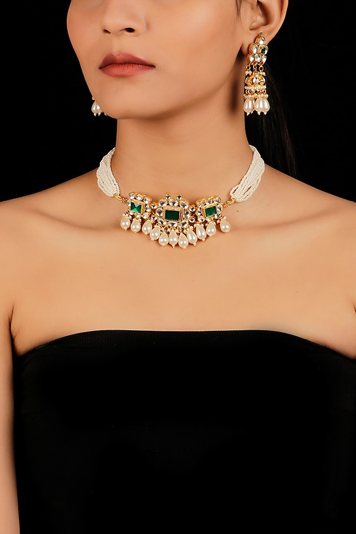 Gold Finish Pearl Drops Choker Necklace Set by Namasya