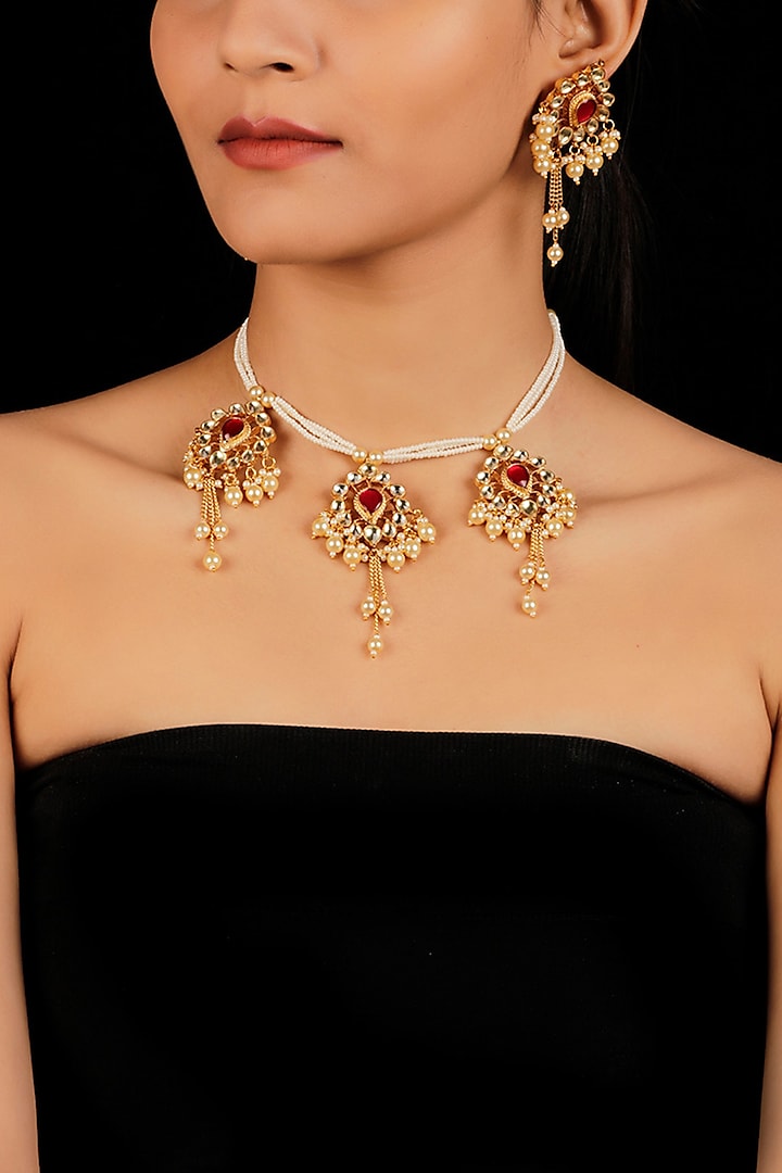 Gold Finish Kundan Drops Necklace Set by Namasya