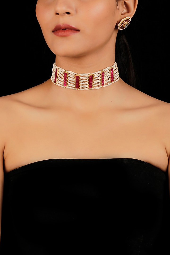 Gold Finish Kundan Choker Necklace Set by Namasya