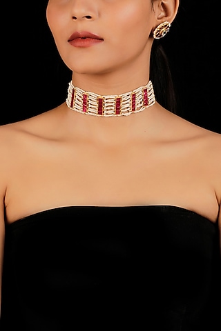 Gold Finish Kundan Choker Necklace Set by Namasya
