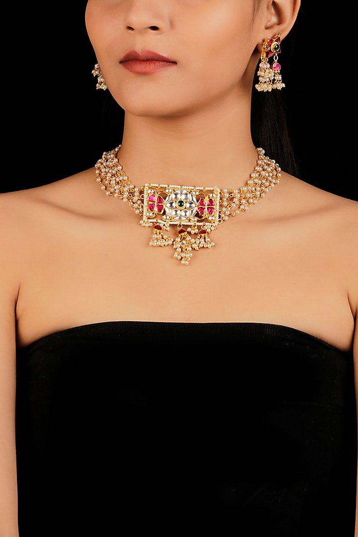 Gold Finish Pearls & Kundan Necklace Set by Namasya