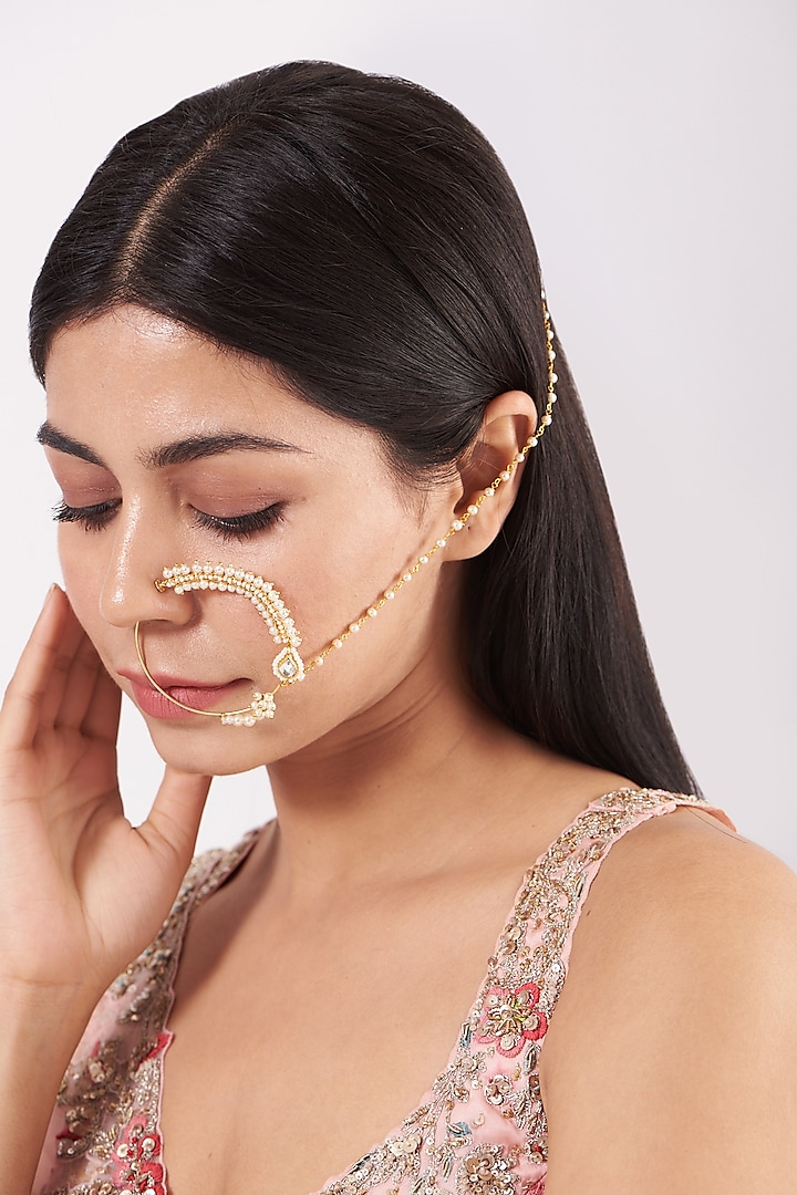 Gold Finish Nose Ring With Pearls by Namasya
