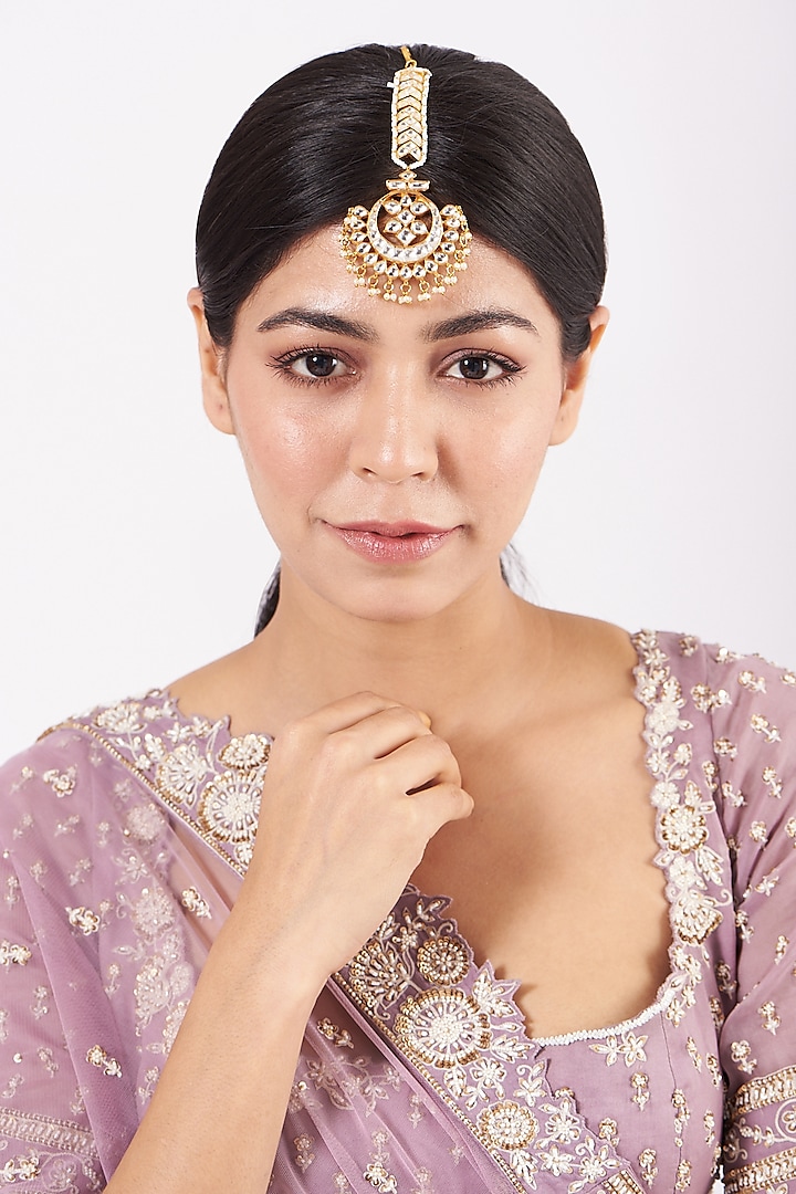 Gold Finish Pearl & Kundan Polki Maangtikka by Namasya at Pernia's Pop Up Shop