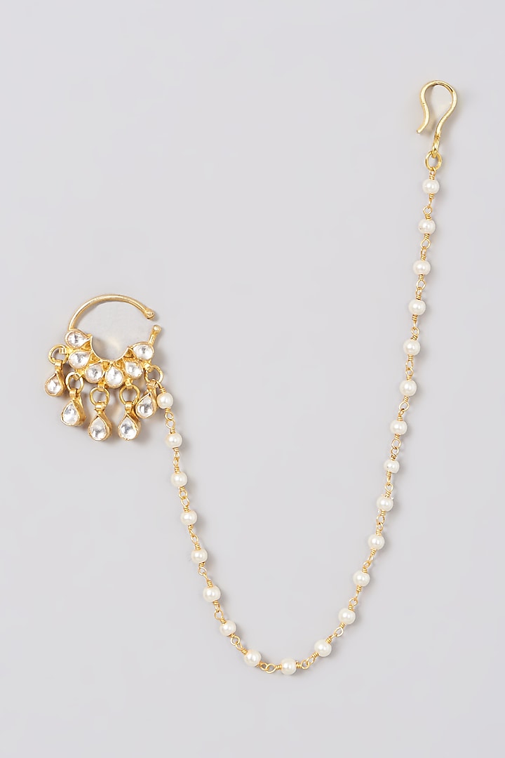 Gold Finish Pearl & Kundan Polki Nose Ring Design by Namasya at Pernia ...