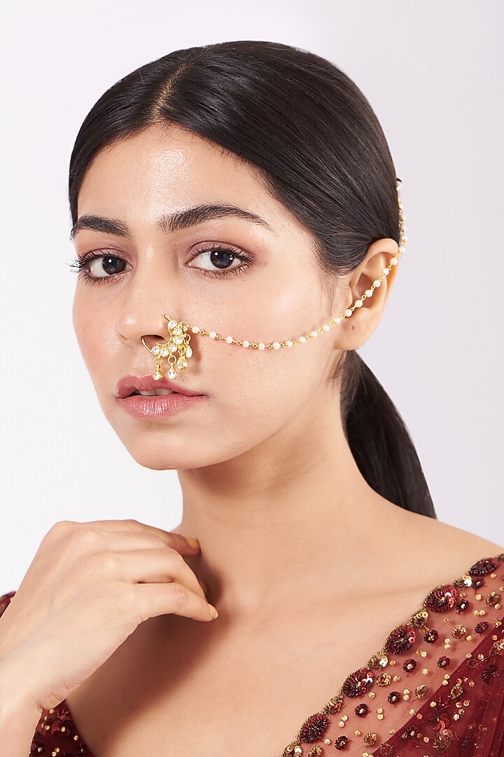 Gold Finish Pearl & Kundan Polki Nose Ring by Namasya at Pernia's Pop Up Shop