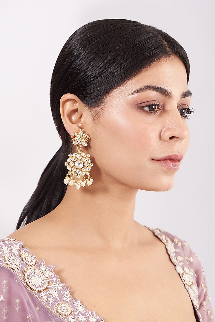 Gold Finish Pearl & Kundan Polki Earrings by Namasya