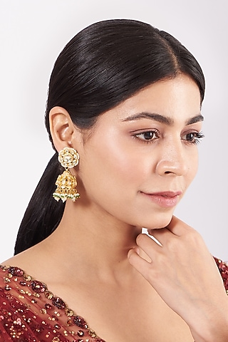 Gold Finish Kundan Polki & Pearl Jhumka Earrings by Namasya