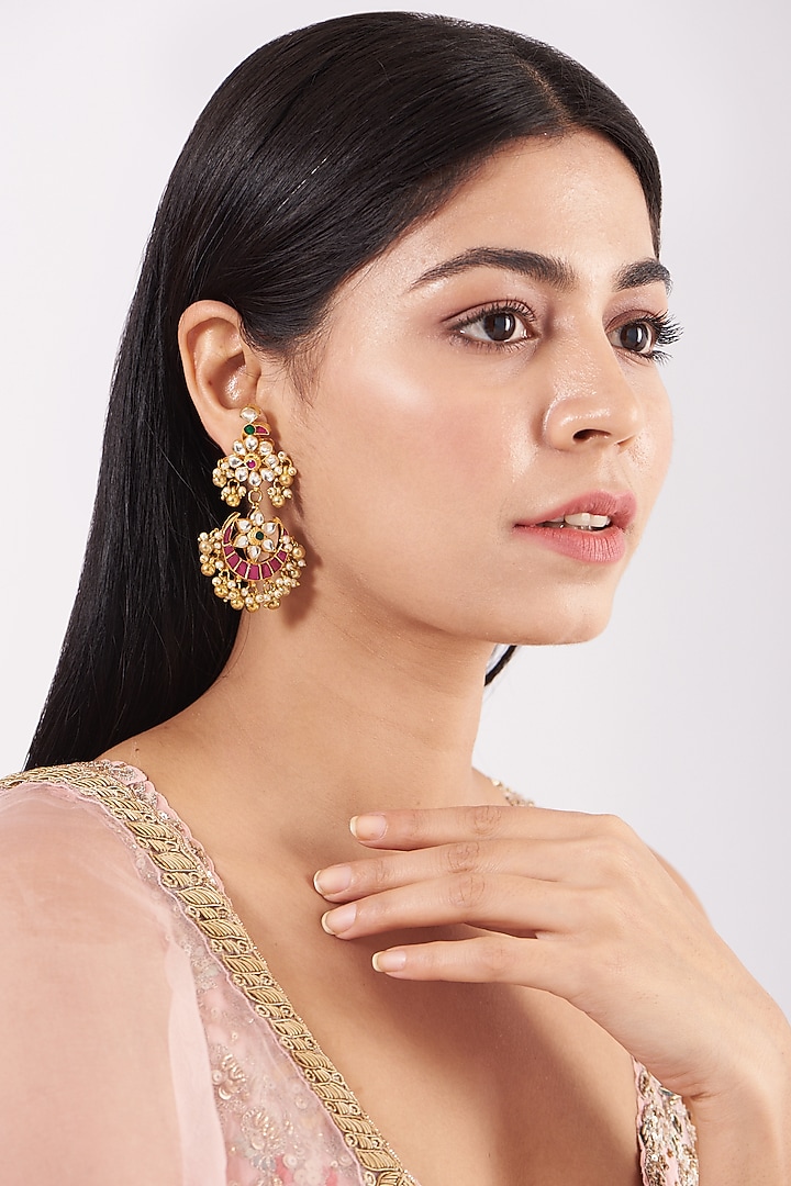 Gold Finish Kundan Polki & Pearl Earrings by Namasya at Pernia's Pop Up Shop