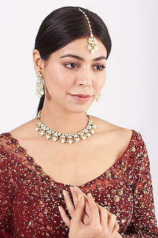 Gold Finish Pearl Necklace Set by Namasya