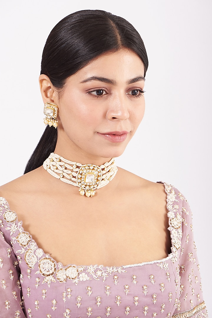 Gold Finish Pearl Choker Necklace Set by Namasya