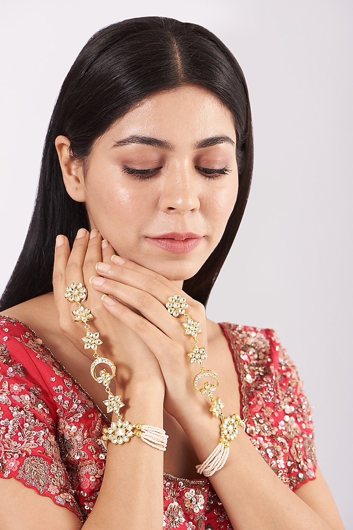 Gold Finish Pearl Hathphool (Set of 2) by Namasya at Pernia's Pop Up Shop