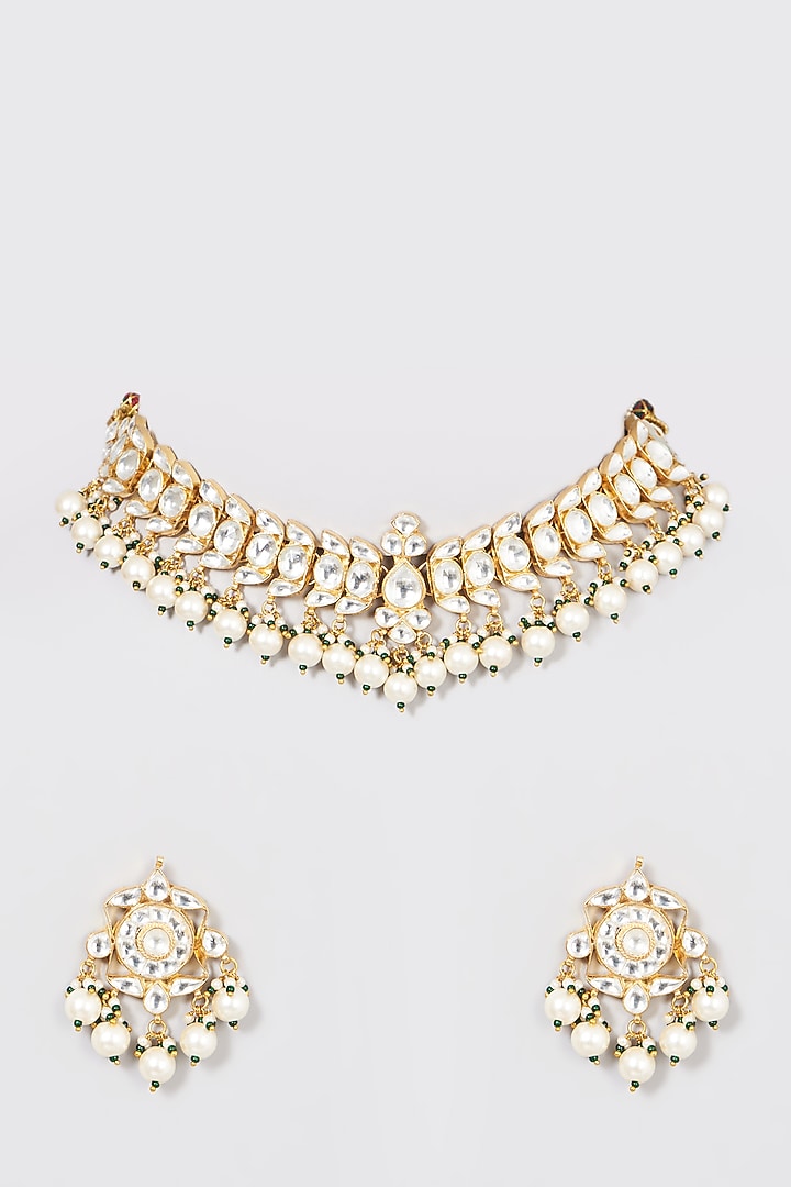 Gold Finish Pearl & Kundan Necklace Set by Namasya at Pernia's Pop Up Shop