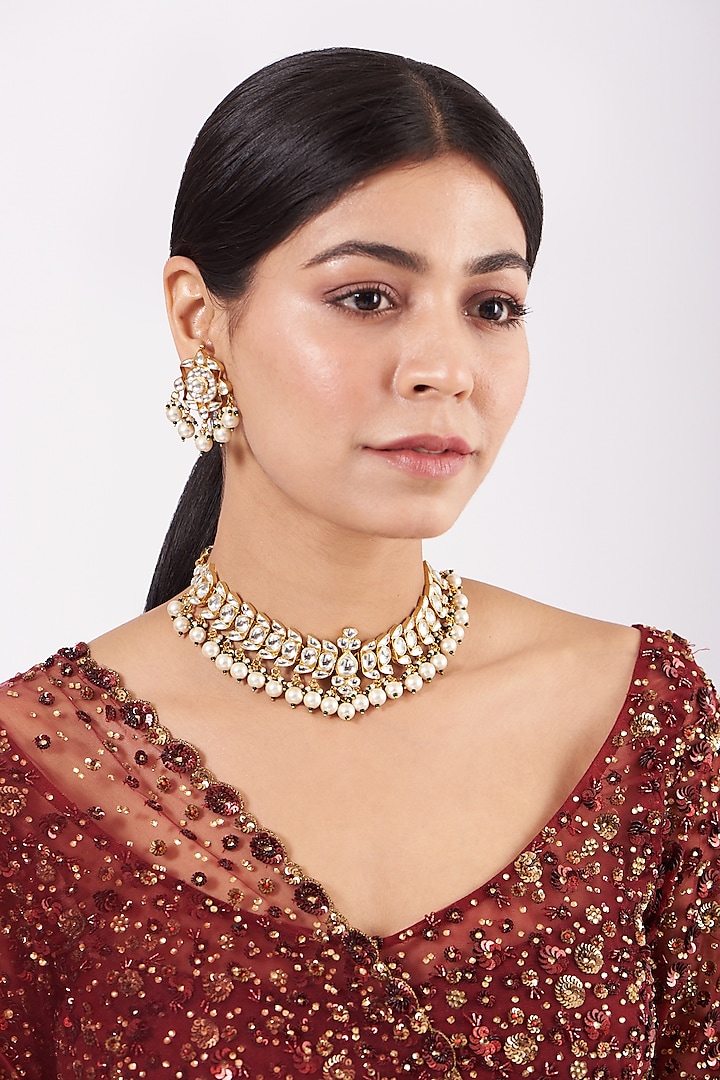 Gold Finish Pearl & Kundan Necklace Set by Namasya