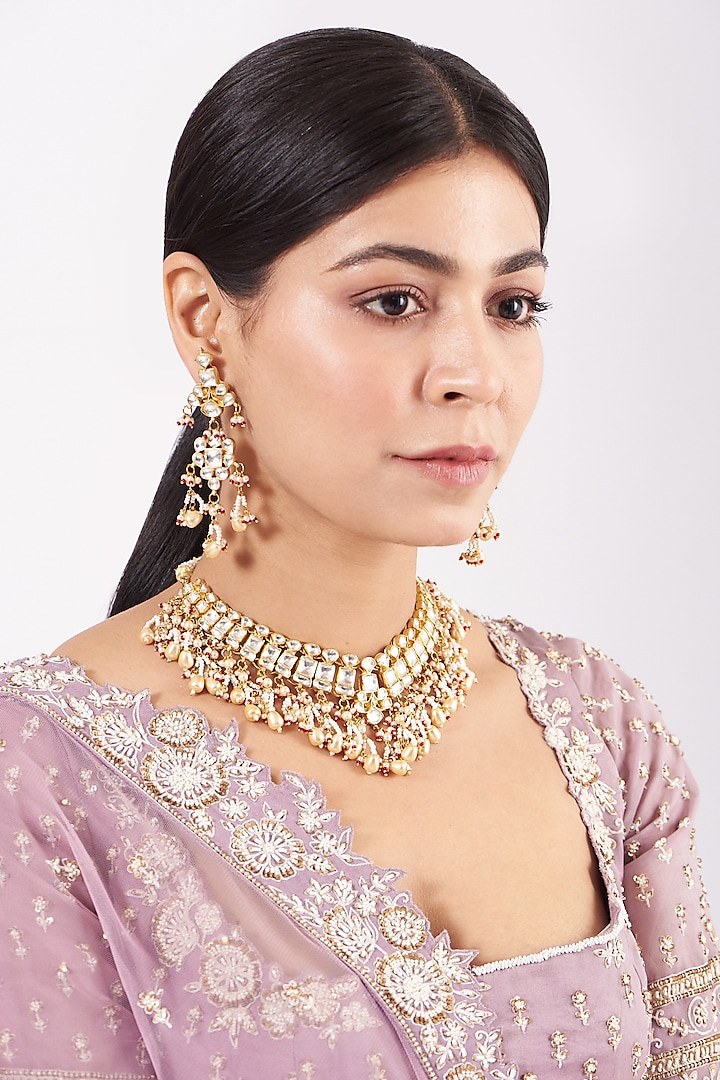 Gold Finish Pearl & Kundan Polki Necklace Set by Namasya