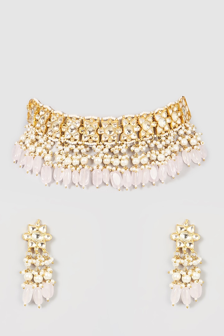 Micro Gold Finish Necklace Set With Rose Quartz by Namasya