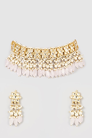 Micro Gold Finish Necklace Set With Rose Quartz by Namasya