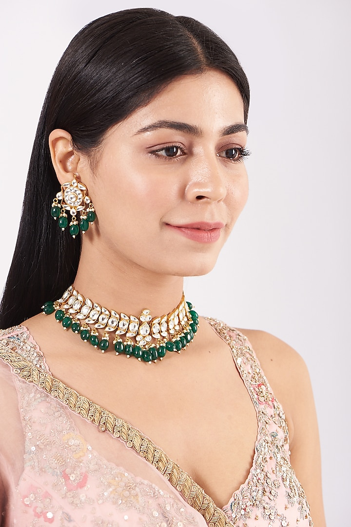 Gold Finish Green Onyx Necklace Set by Namasya