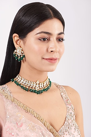 Gold Finish Green Onyx Necklace Set by Namasya
