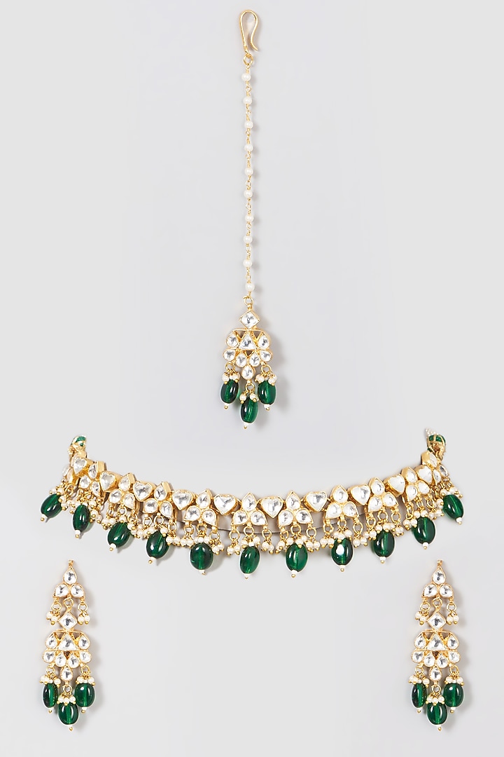 Gold Finish Kundan Polki & Green Onyx Necklace Set by Namasya at Pernia's Pop Up Shop