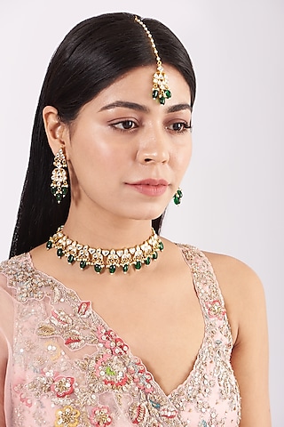 Gold Finish Kundan Polki & Green Onyx Necklace Set by Namasya