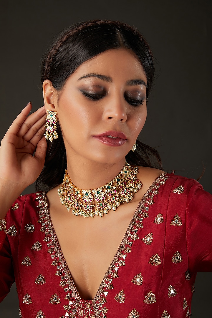 Micro Gold Finish Green Kundan Polki & Pearl Choker Necklace Set by Namasya at Pernia's Pop Up Shop