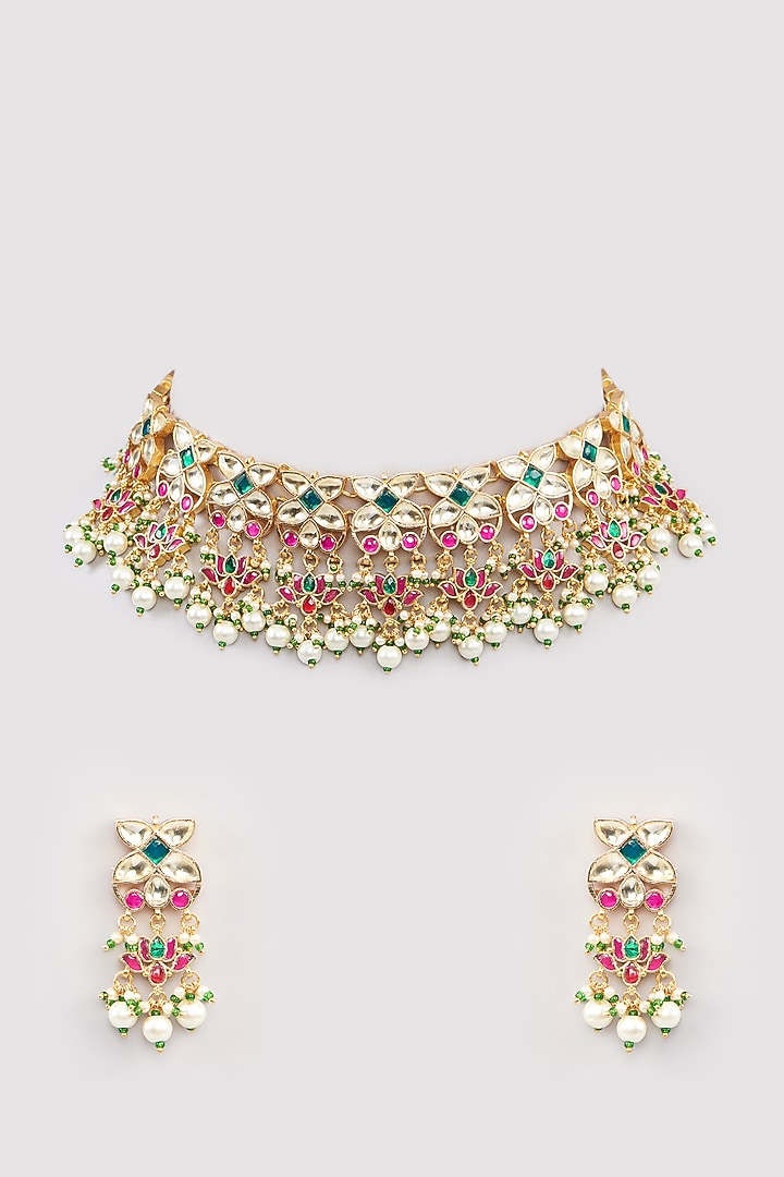 Micro Gold Finish Green Kundan Polki & Pearl Choker Necklace Set by Namasya at Pernia's Pop Up Shop