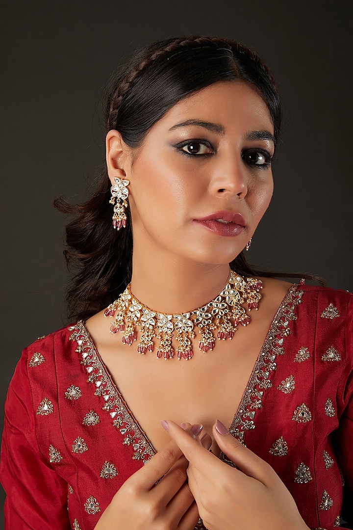 Micro Gold Finish Kundan Polki & Pink Drop Choker Necklace Set by Namasya at Pernia's Pop Up Shop