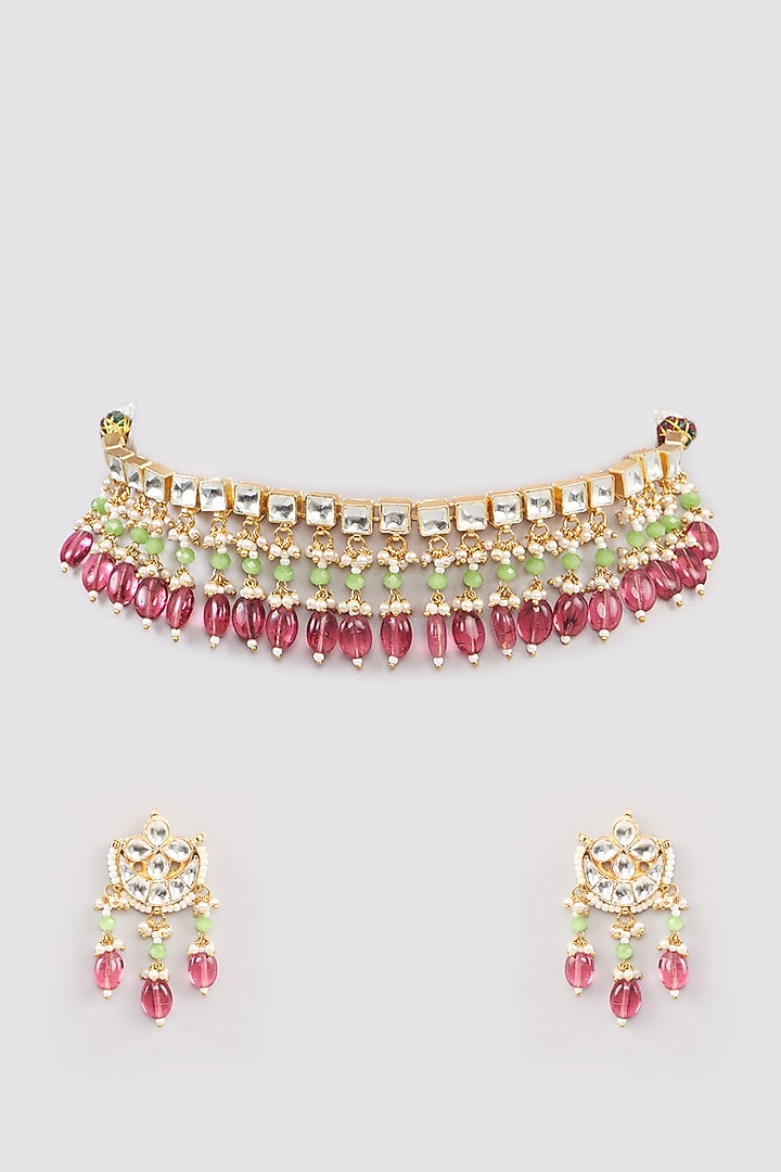 Micro Gold Finish Kundan Polki & Pink Drop Choker Necklace Set by Namasya at Pernia's Pop Up Shop
