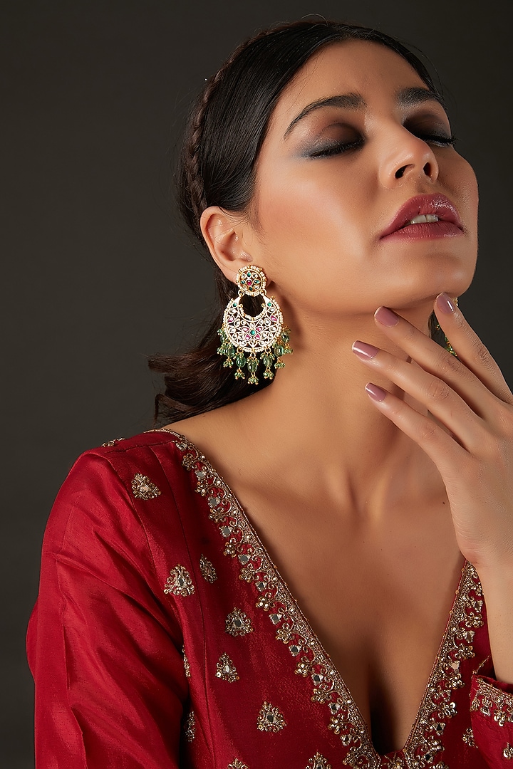 Micro Gold Finish Pink & Green Kundan Polki Chandbaali Earrings by Namasya at Pernia's Pop Up Shop