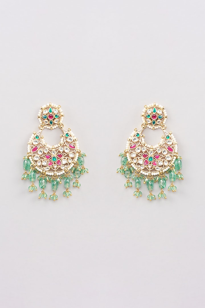 Micro Gold Finish Pink & Green Kundan Polki Chandbaali Earrings by Namasya at Pernia's Pop Up Shop