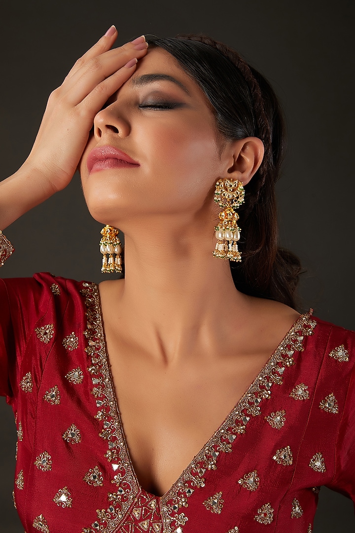 Micro Gold Finish Kundan Polki & Pearl Jhumka Earrings by Namasya at Pernia's Pop Up Shop