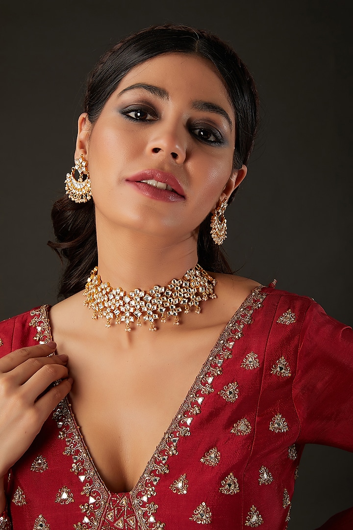 Micro Gold Finish Kundan Polki & Pearl Choker Necklace Set by Namasya at Pernia's Pop Up Shop
