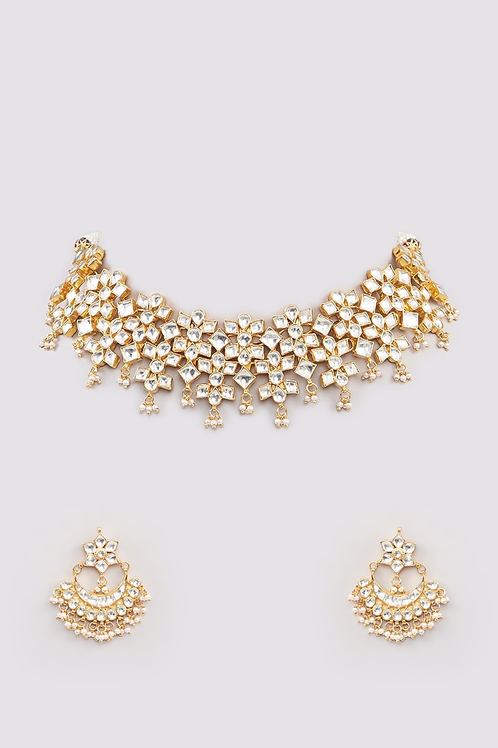 Micro Gold Finish Kundan Polki & Pearl Choker Necklace Set by Namasya at Pernia's Pop Up Shop