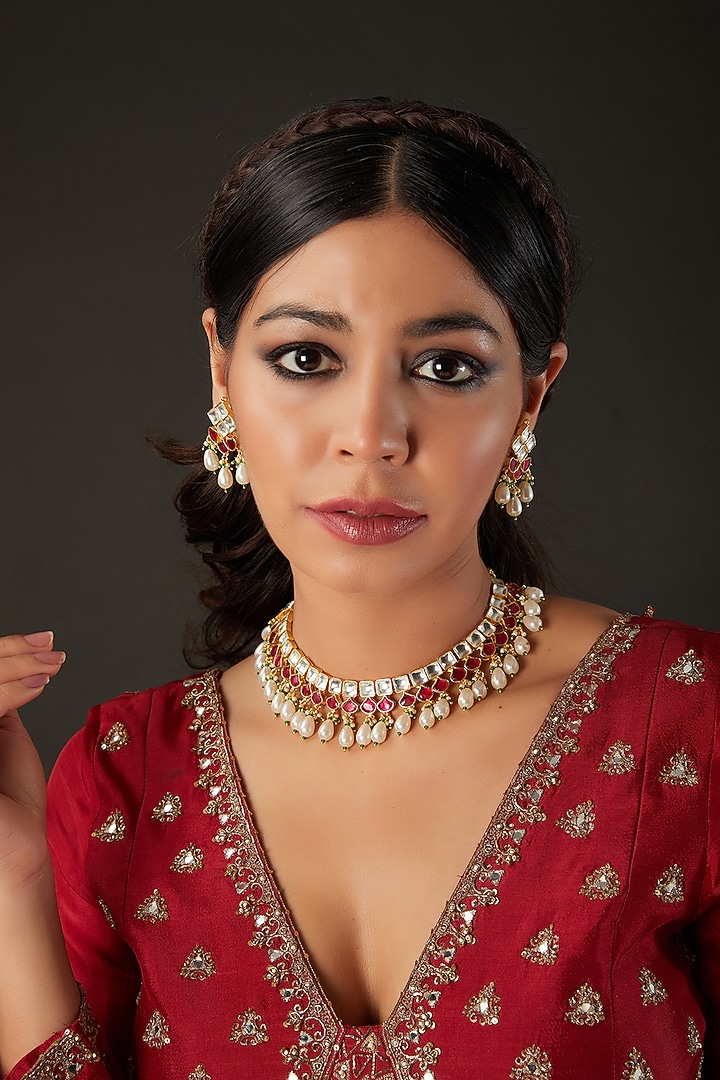 Micro Gold Finish Pink Kundan Polki & Pearl Drop Choker Necklace Set by Namasya at Pernia's Pop Up Shop