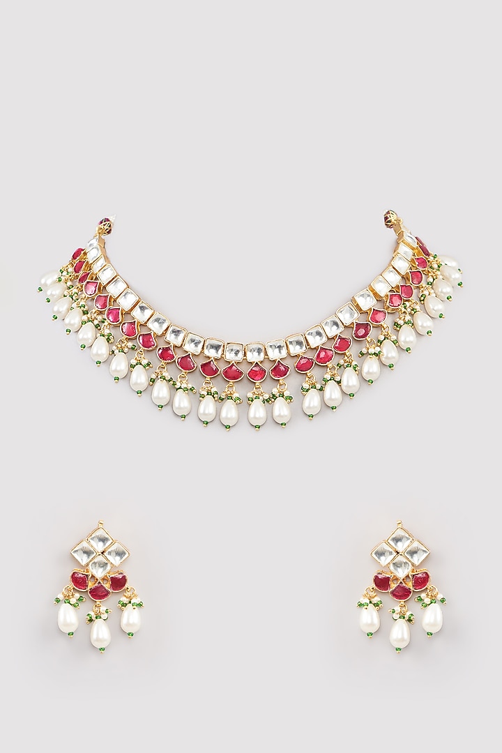 Micro Gold Finish Pink Kundan Polki & Pearl Drop Choker Necklace Set by Namasya at Pernia's Pop Up Shop