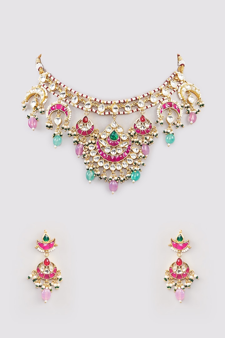 Micro Gold Finish Pink & Green Kundan Polki Choker Necklace Set by Namasya at Pernia's Pop Up Shop