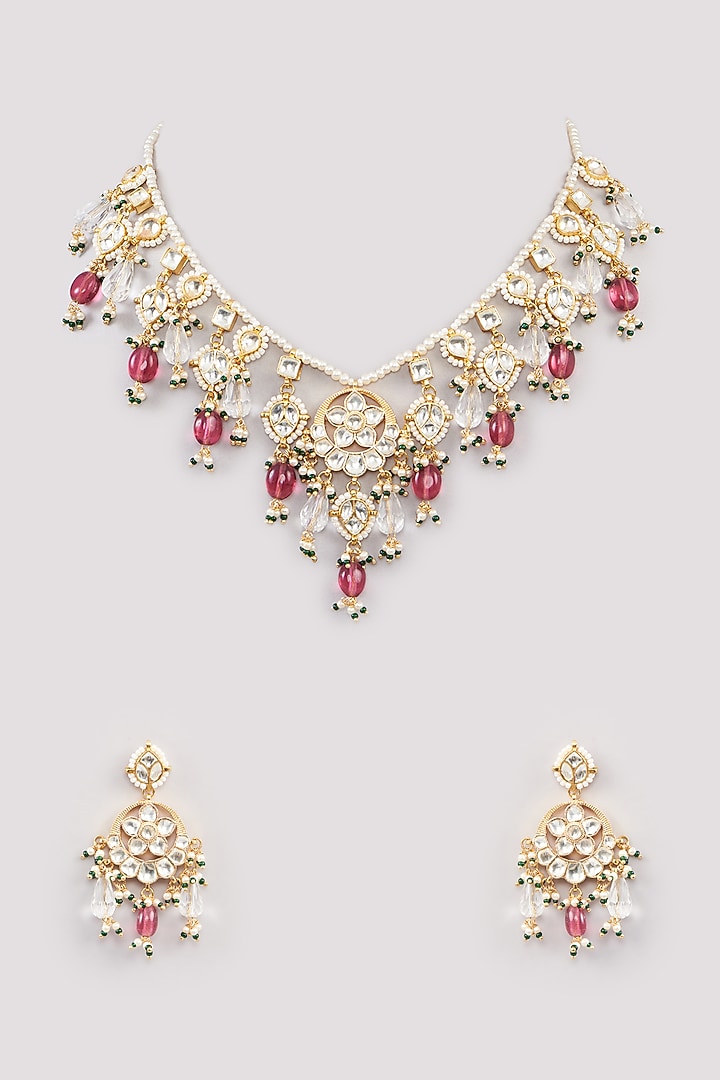 Micro Gold Finish Kundan Polki & Pink Drop Necklace Set by Namasya at Pernia's Pop Up Shop