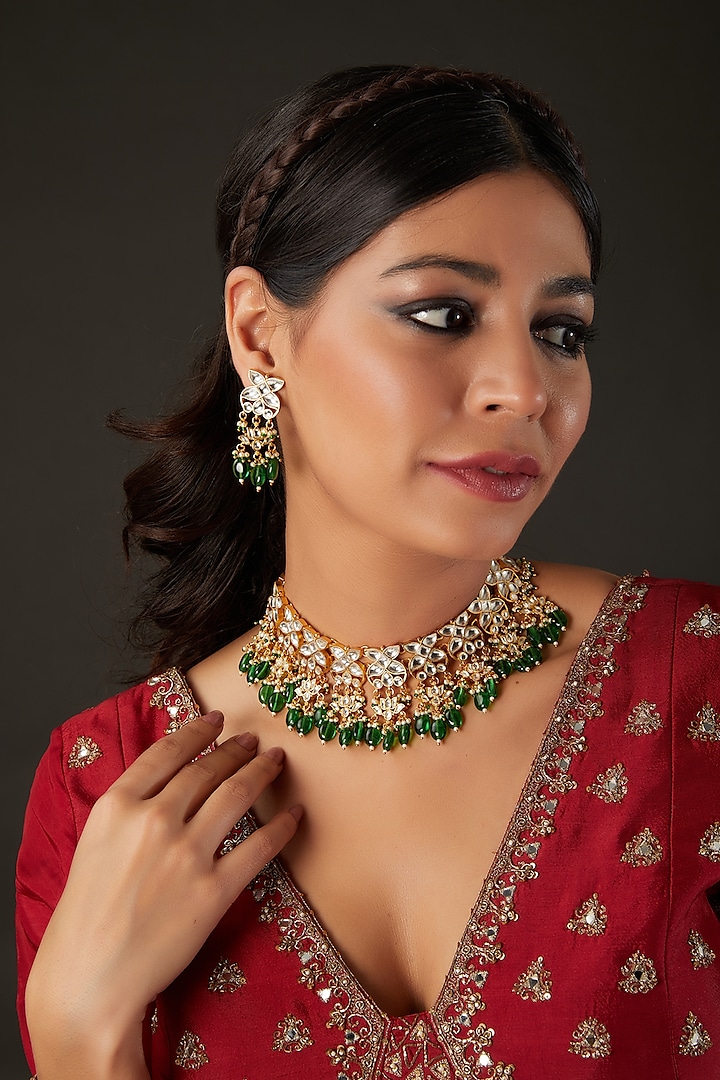 Micro Gold Finish Kundan Polki & Green Drop Choker Necklace Set by Namasya at Pernia's Pop Up Shop